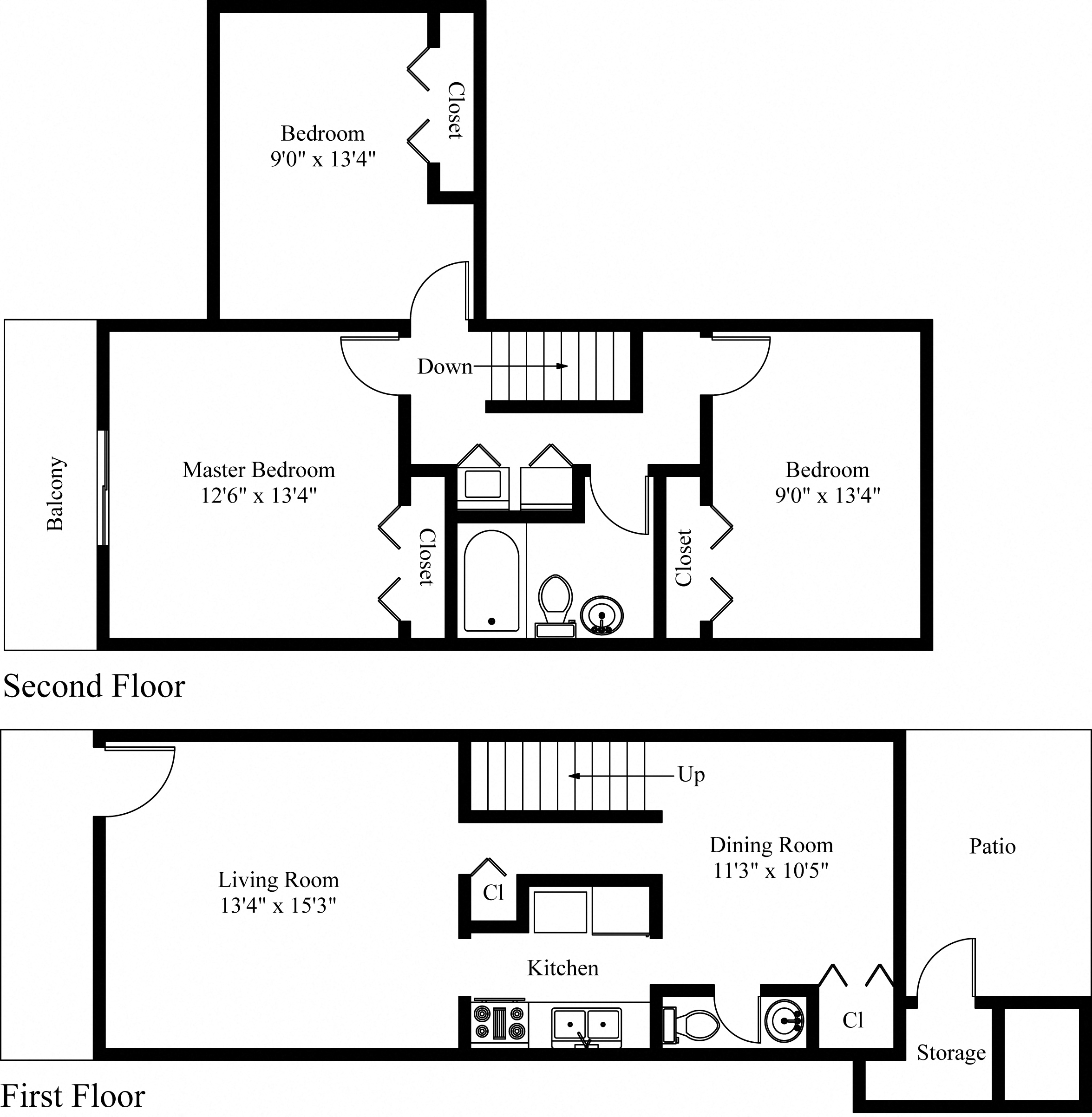 Floor plan for 3 beds, 1.5 baths, 1055 sqft